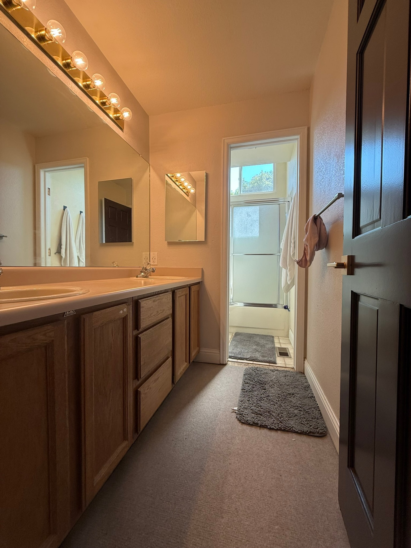 Original bathroom with oak vanity, Hollywood light bar, and carpet flooring